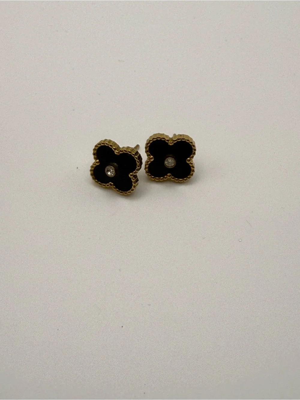 Gold-Trim Black Clover Stud Earrings with Crystal Accent